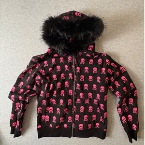 Heaven Sent Pink Skull All Over Print Faux Fur Trim Zip Up Hoodie